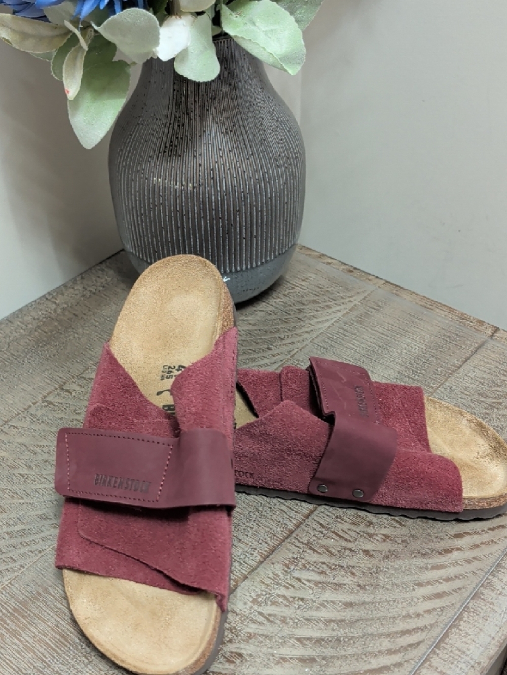 Birkenstock Women's Kyoto Burgundy Suede Crossover Slide Sandals